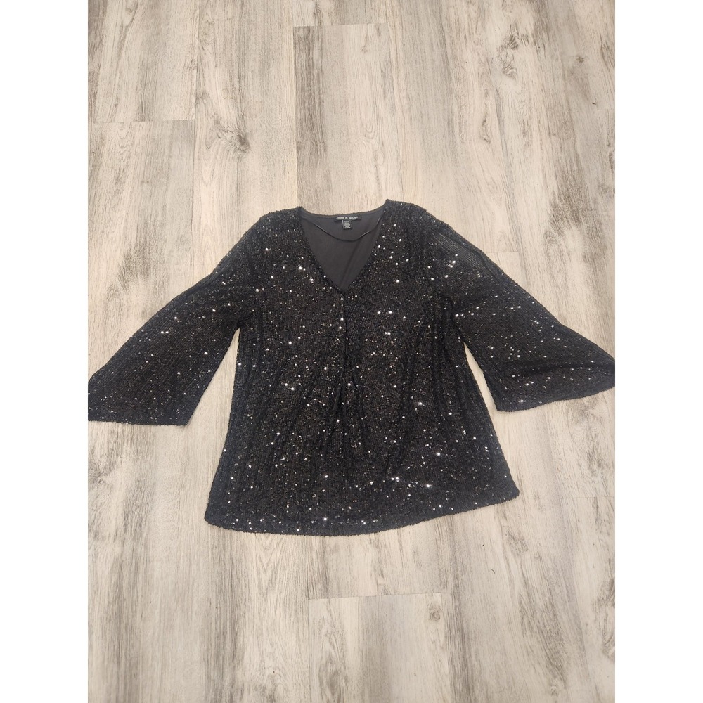 Cable & Guage Black Sequin Cold Shoulder Bell Sleeve Top Glitz Party Holiday Med